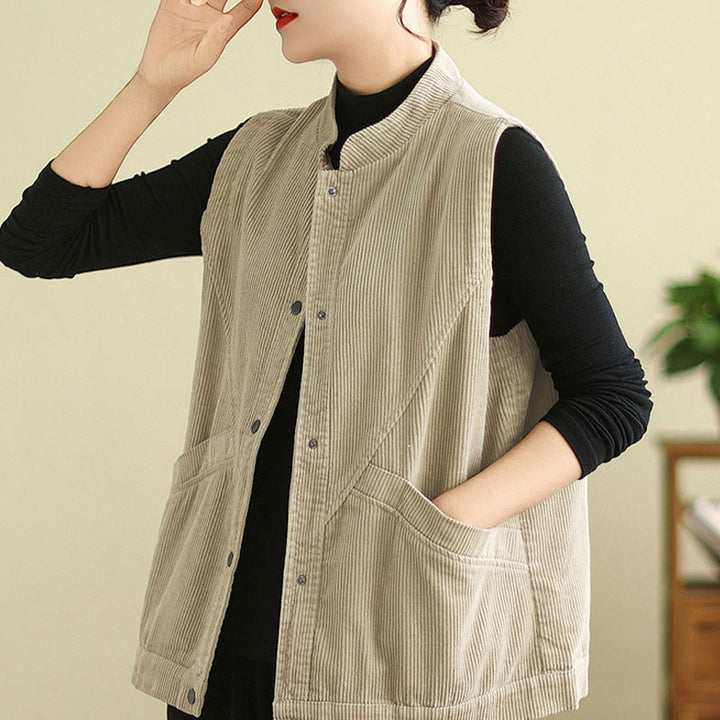 Buddha Stones Plain Sleeveless Women's Cotton Vest Corduroy Waistcoat With Pockets - image 3