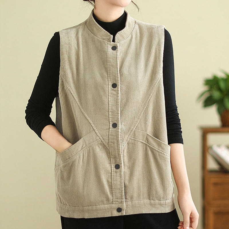 Buddha Stones Plain Sleeveless Women's Cotton Vest Corduroy Waistcoat With Pockets - image 5