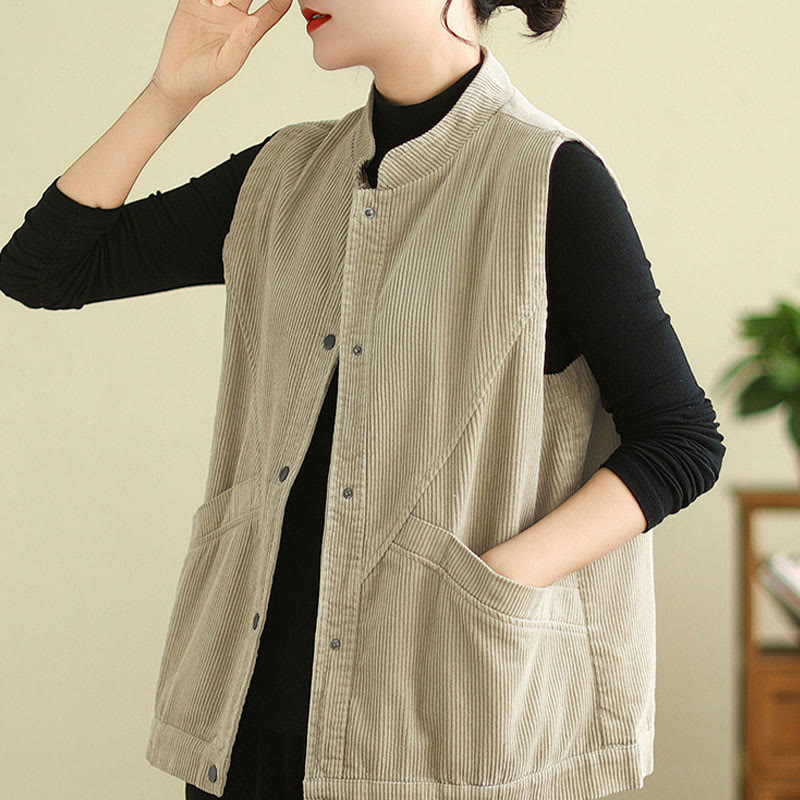 Buddha Stones Plain Sleeveless Women's Cotton Vest Corduroy Waistcoat With Pockets - image 2