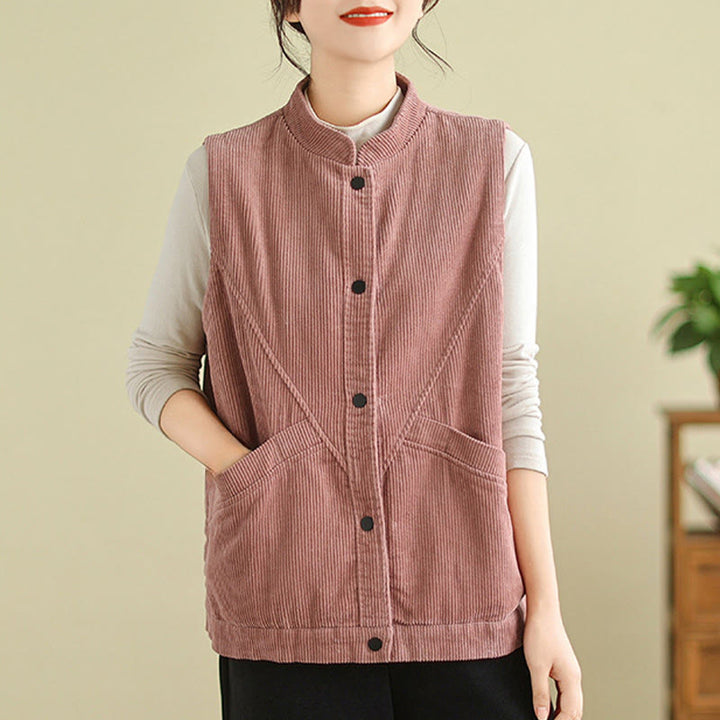 Buddha Stones Plain Sleeveless Women's Cotton Vest Corduroy Waistcoat With Pockets - image 11