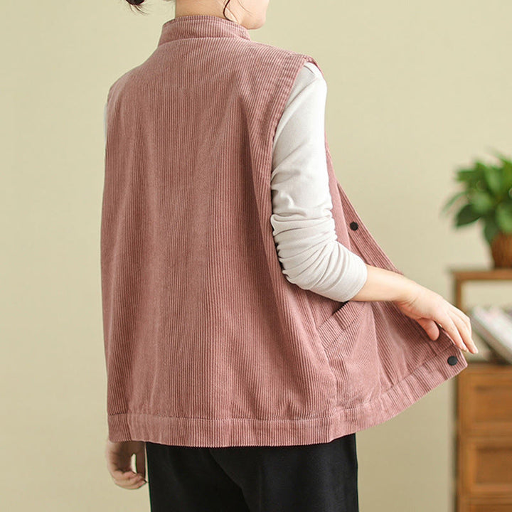 Buddha Stones Plain Sleeveless Women's Cotton Vest Corduroy Waistcoat With Pockets - image 12