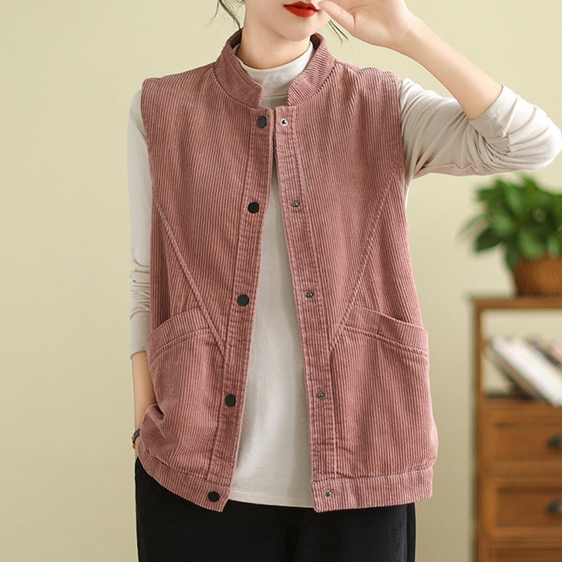 Buddha Stones Plain Sleeveless Women's Cotton Vest Corduroy Waistcoat With Pockets - image 13