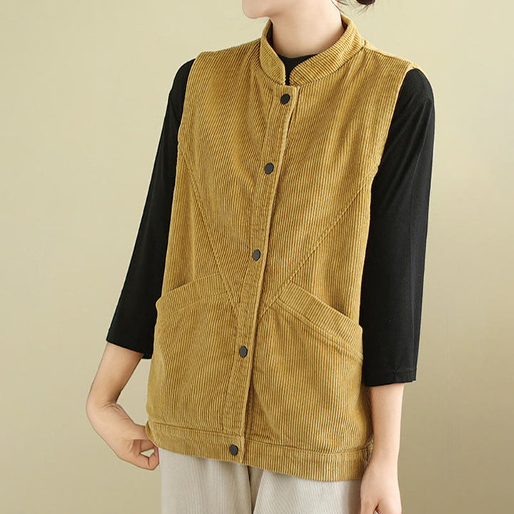 Buddha Stones Plain Sleeveless Women's Cotton Vest Corduroy Waistcoat With Pockets - image 18