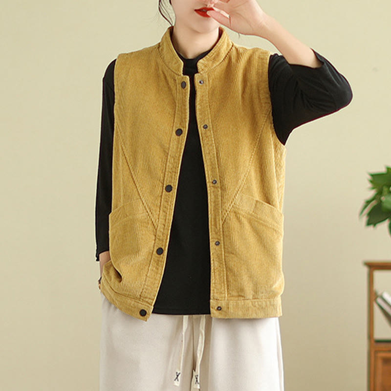 Buddha Stones Plain Sleeveless Women's Cotton Vest Corduroy Waistcoat With Pockets - image 17