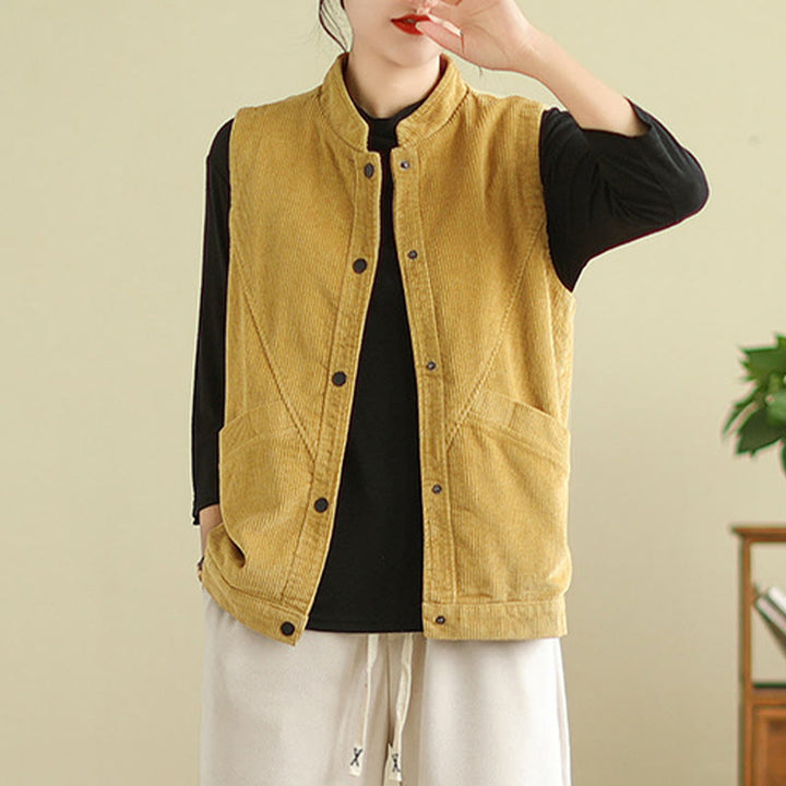 Buddha Stones Plain Sleeveless Women's Cotton Vest Corduroy Waistcoat With Pockets - image 17