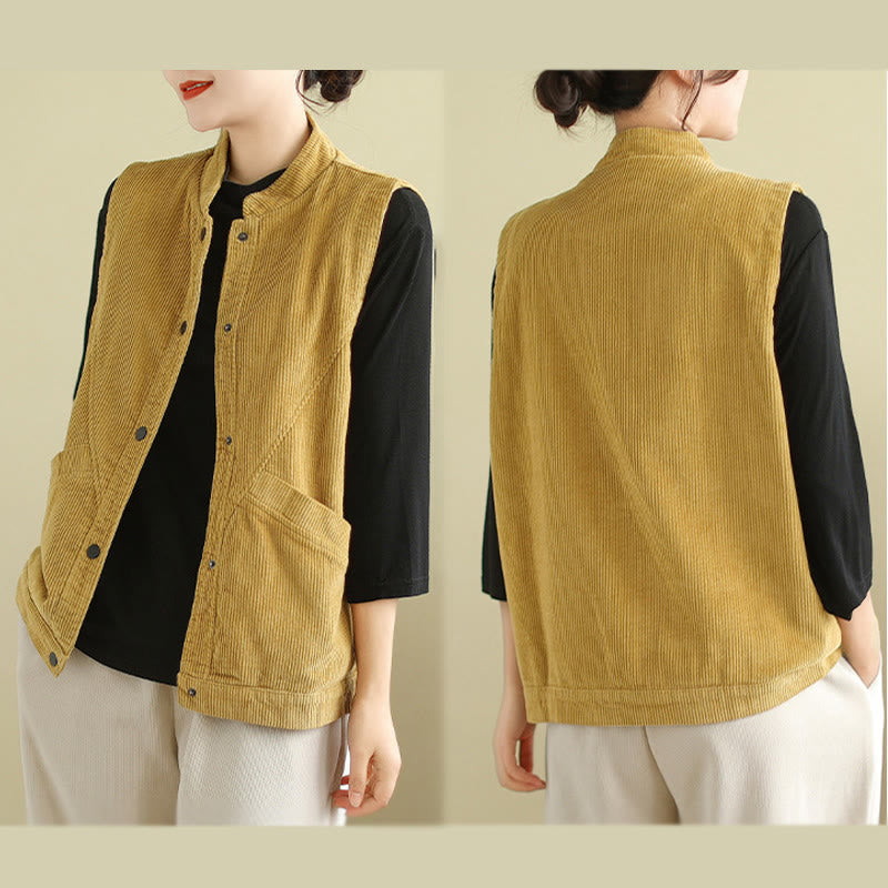 Buddha Stones Plain Sleeveless Women's Cotton Vest Corduroy Waistcoat With Pockets - image 18