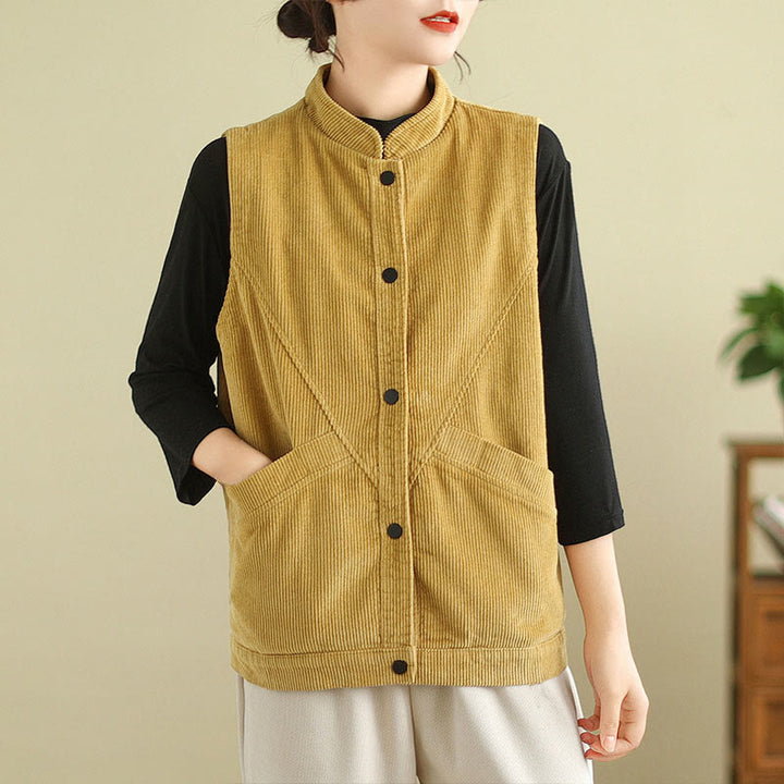 Buddha Stones Plain Sleeveless Women's Cotton Vest Corduroy Waistcoat With Pockets - Goldenrod - US12，UK/AU16，EU44 (2XL) - image 15