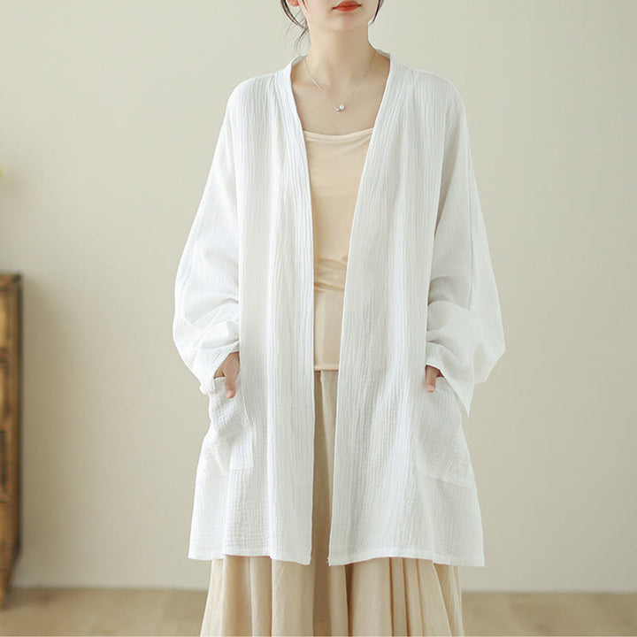 Buddha Stones Plain Long Sleeve Zen Meditation Jacket With Pockets - White - US12，UK/AU16，EU44 (XL) - image 7
