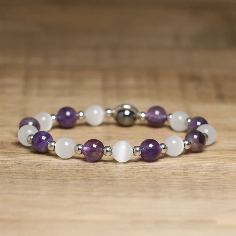 Buddha Stones Natural Amethyst White Cat's Eye Beads Balance Bracelet - image 2