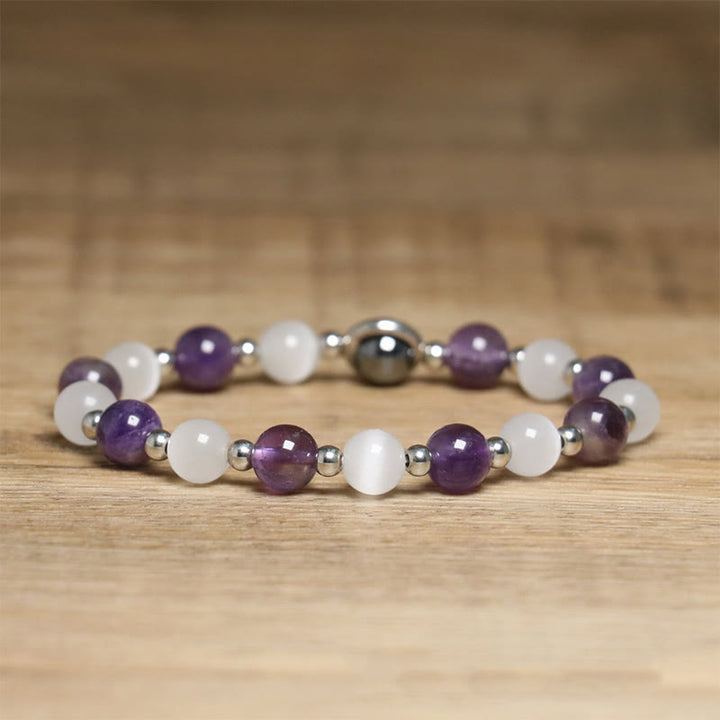 Buddha Stones Natural Amethyst White Cat's Eye Beads Balance Bracelet - image 2