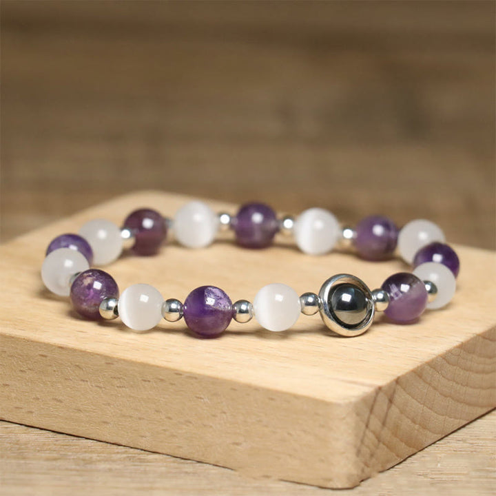 Buddha Stones Natural Amethyst White Cat's Eye Beads Balance Bracelet - image 4