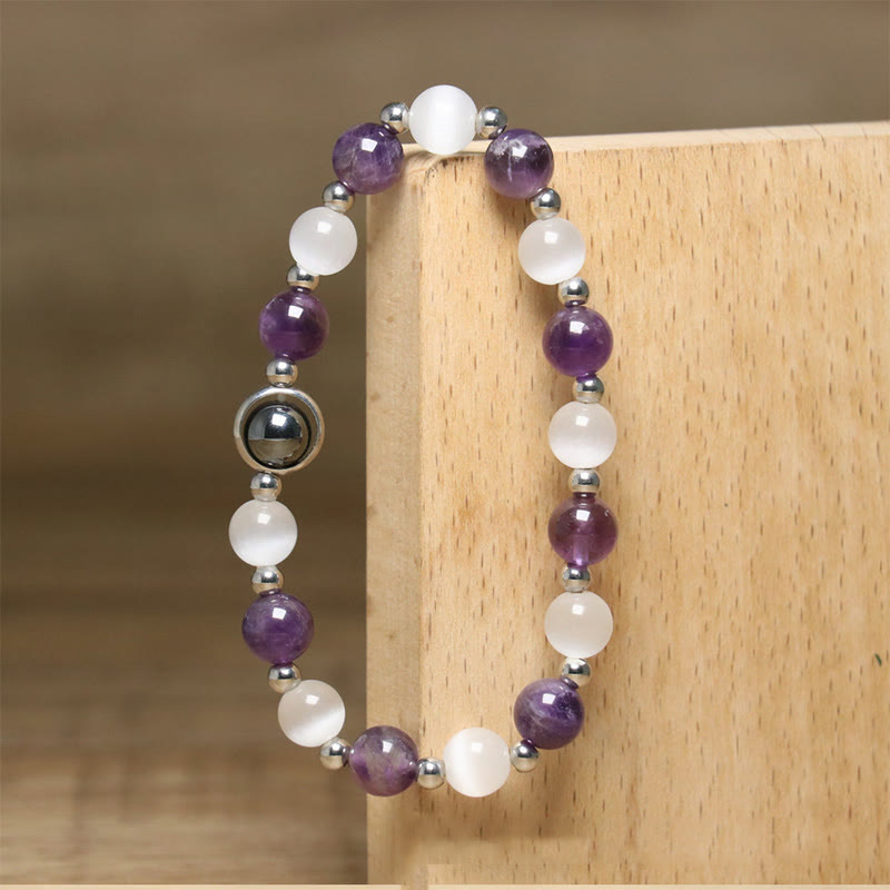 Buddha Stones Natural Amethyst White Cat's Eye Beads Balance Bracelet - image 5