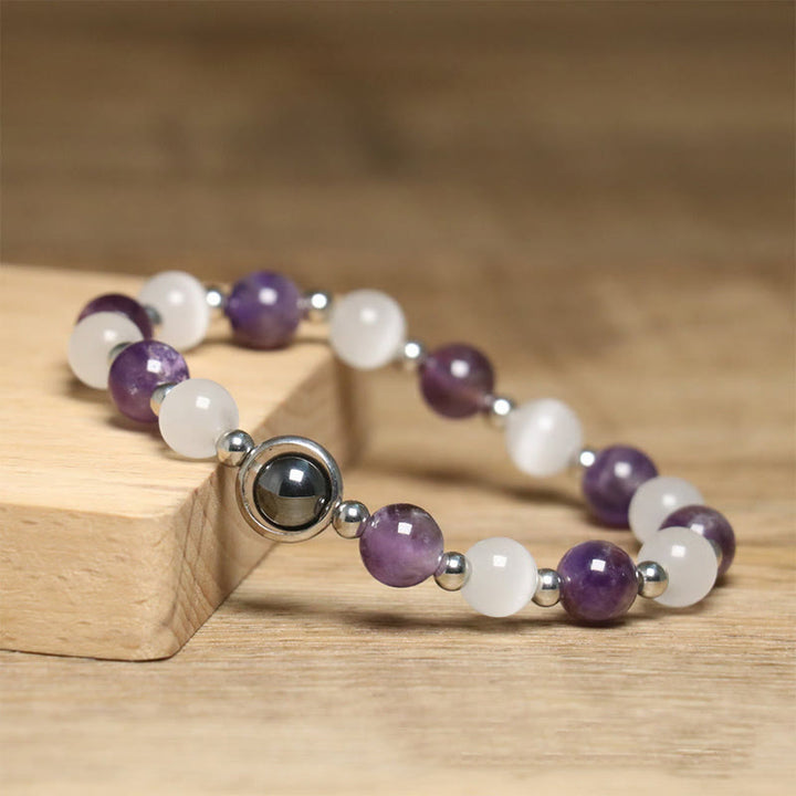 Buddha Stones Natural Amethyst White Cat's Eye Beads Balance Bracelet - image 3