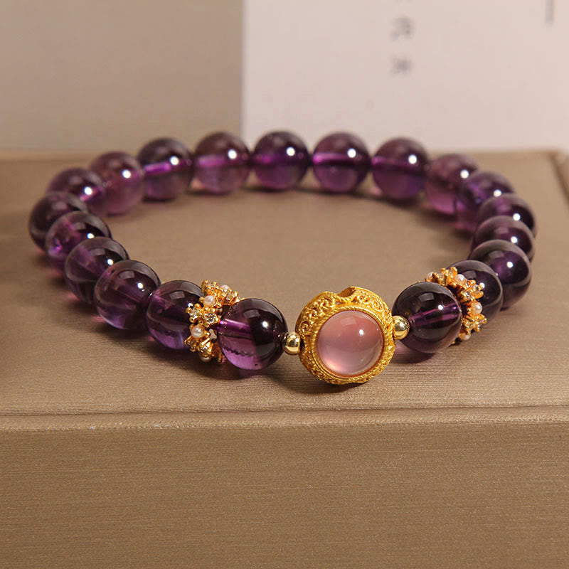 Buddha Stones Natural Amethyst Strawberry Quartz Beads Healing Bracelet - Amethyst & Strawberry Quartz(Wrist Circumference: 15-17cm) - image 1