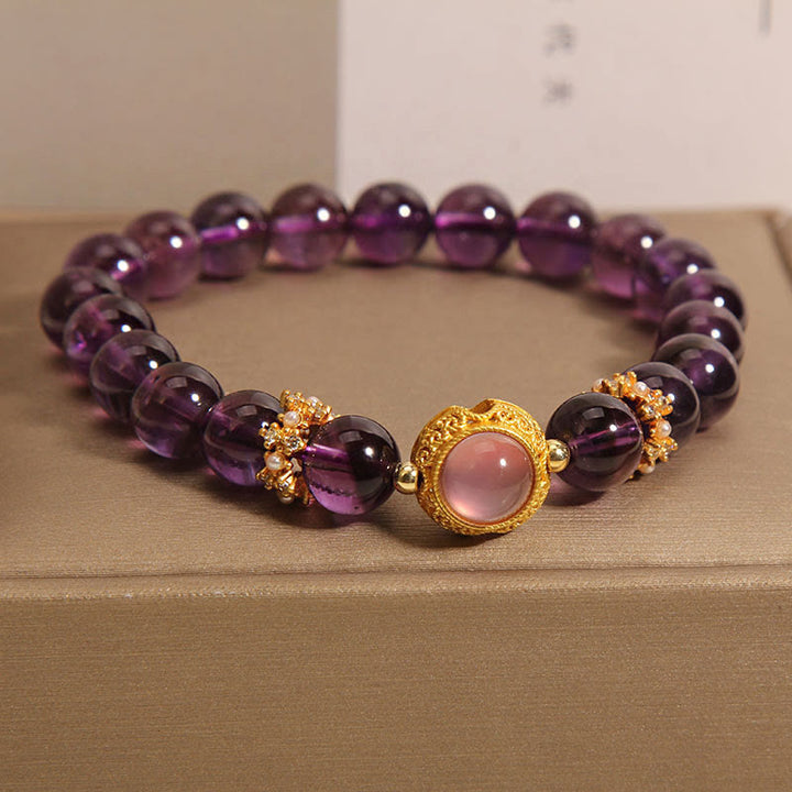 Buddha Stones Natural Amethyst Strawberry Quartz Beads Healing Bracelet - Amethyst & Strawberry Quartz(Wrist Circumference: 15-17cm) - image 1