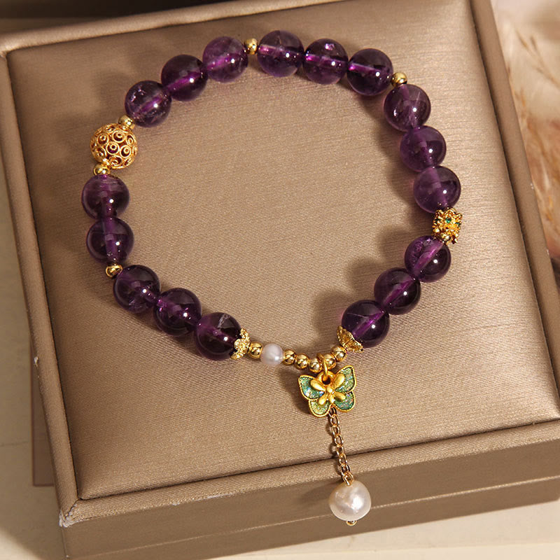 Buddha Stones Natural Amethyst Amber Green Butterfly Healing Bracelet - image 3