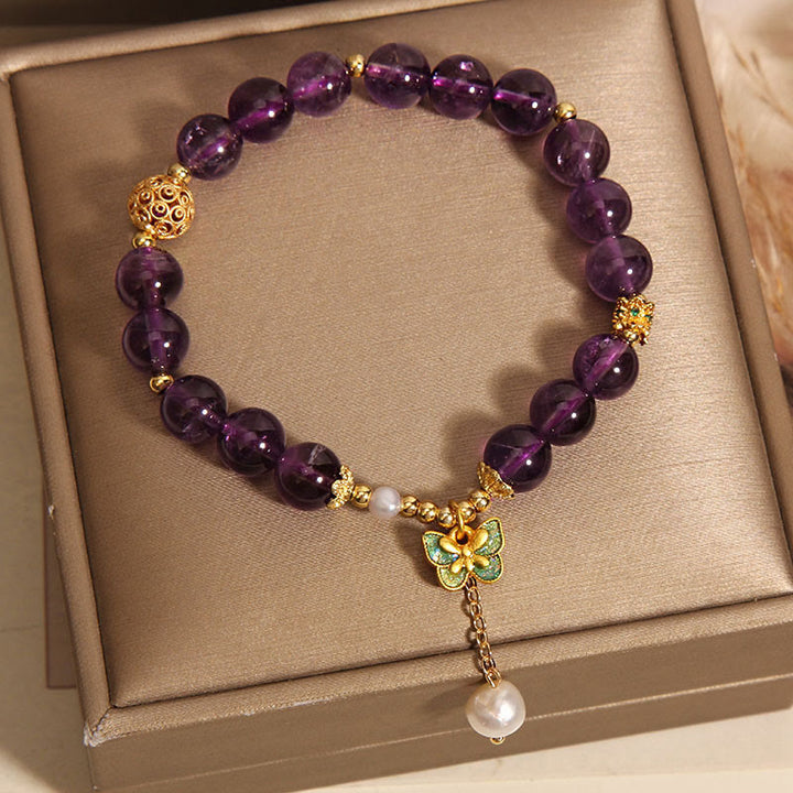 Buddha Stones Natural Amethyst Amber Green Butterfly Healing Bracelet - image 3