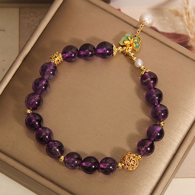 Buddha Stones Natural Amethyst Amber Green Butterfly Healing Bracelet - image 5