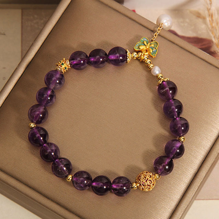 Buddha Stones Natural Amethyst Amber Green Butterfly Healing Bracelet - image 5