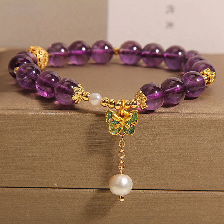 Buddha Stones Natural Amethyst Amber Green Butterfly Healing Bracelet - Amethyst & Amber Green Butterfly(Wrist Circumference: 15-17cm) - image 1