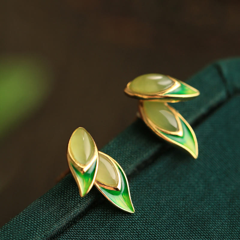 Buddha Stones 925 Sterling Silver Jade Leaf Prosperity Earrings  - Hetian Jade(925 Sterling Silver  Posts) - image 1