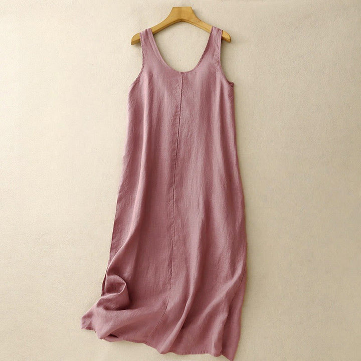 Buddha Stones Summer Daily Casual Pure Color Crew Neck Simple Design Sleeveless Midi Dress - PaleVioletRed - US14，UK/AU18，EU46 (2XL) - image 0