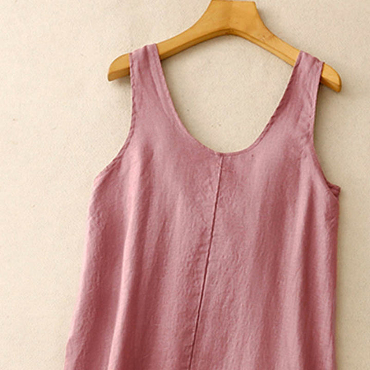 Buddha Stones Summer Daily Casual Pure Color Crew Neck Simple Design Sleeveless Midi Dress With Pockets - image 1