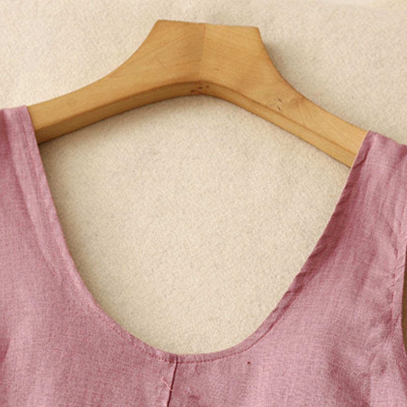 Buddha Stones Summer Daily Casual Pure Color Crew Neck Simple Design Sleeveless Midi Dress - image 4