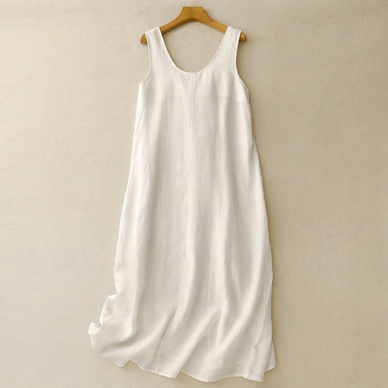 Buddha Stones Summer Daily Casual Pure Color Crew Neck Simple Design Sleeveless Midi Dress - FloralWhite - US14，UK/AU18，EU46 (2XL) - image 7