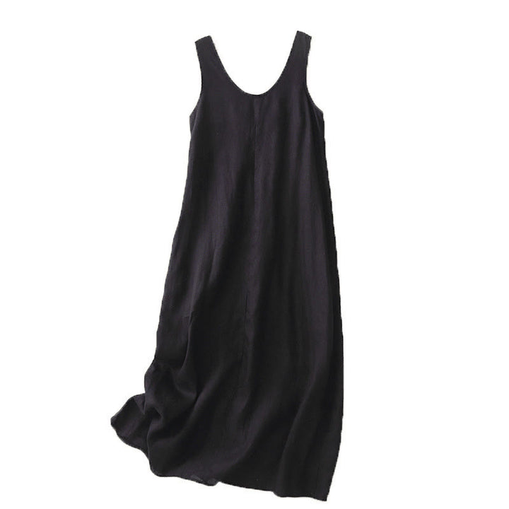 Buddha Stones Summer Daily Casual Pure Color Crew Neck Simple Design Sleeveless Midi Dress With Pockets - image 12