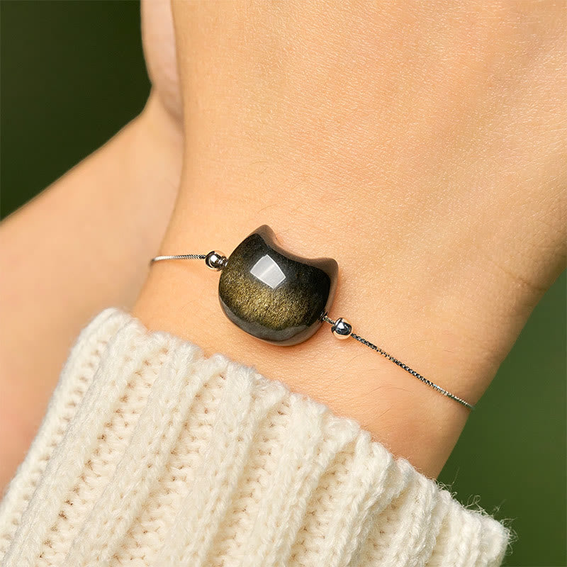 Buddha Stones 925 Sterling Silver Silver Sheen Obsidian Gold Sheen Obsidian Cat Soothing Bracelet - image 13