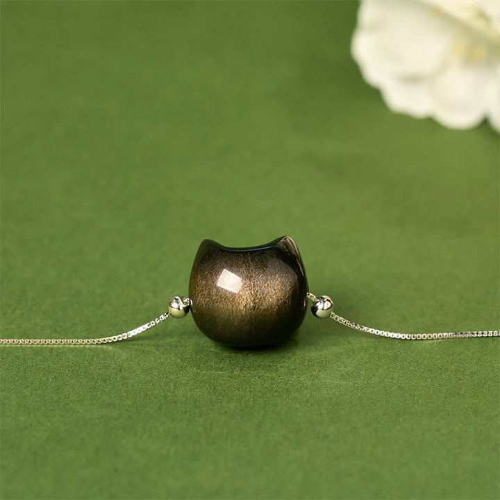 Buddha Stones 925 Sterling Silver Silver Sheen Obsidian Gold Sheen Obsidian Cat Soothing Bracelet - image 11