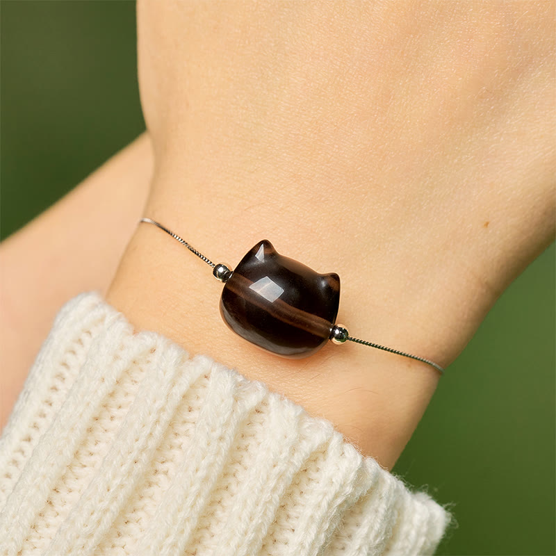 Buddha Stones 925 Sterling Silver Cat Natural Ice Obsidian Positive Bracelet - image 5