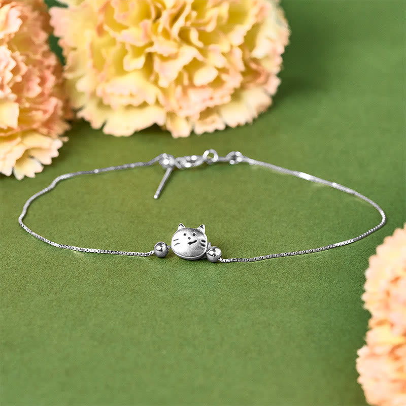 Buddha Stones 925 Sterling Silver Mini Cat Blessing Chain Bracelet - image 1