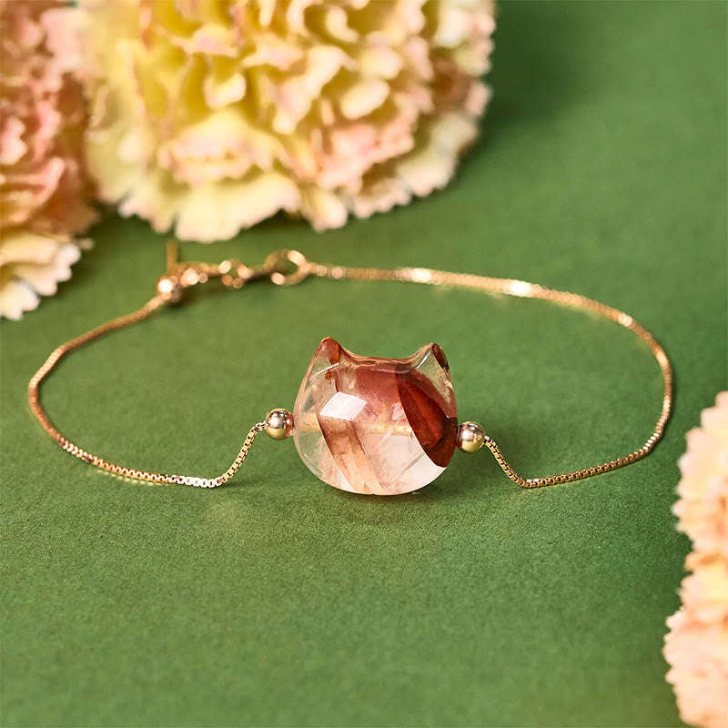Buddha Stones 925 Sterling Silver Faceless Cat Head Natural Red Flower Quartz Passion Bracelet - 18-22cm - image 1