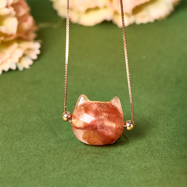Buddha Stones 925 Sterling Silver Cat Head Natural Red Flower Quartz Protection Necklace Pendant - image 1