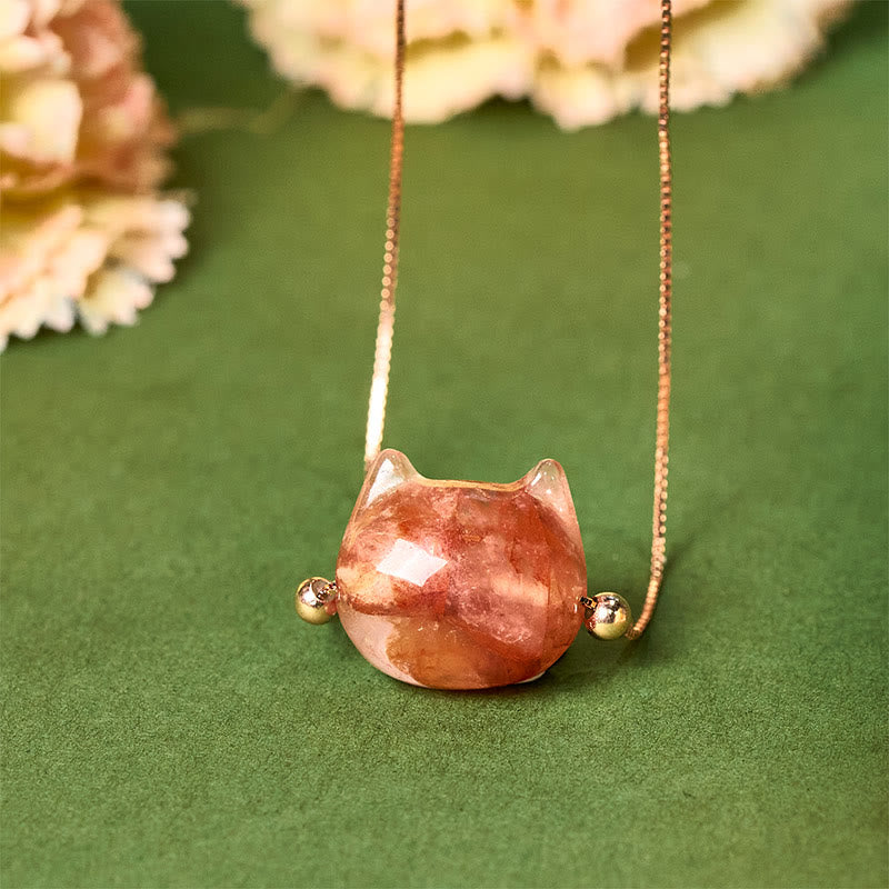 Buddha Stones 925 Sterling Silver Cat Head Natural Red Flower Quartz Protection Necklace Pendant - Inclusion Quartz - image 0