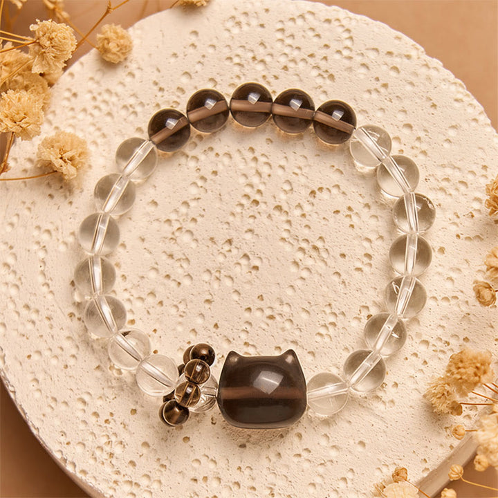 Buddha Stones Japanese Bobtail Cat Natural White Crystal Smoky Quartz Protection Bracelet - image 3