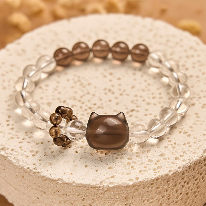 Buddha Stones Japanese Bobtail Cat Natural White Crystal Smoky Quartz Protection Bracelet - image 4