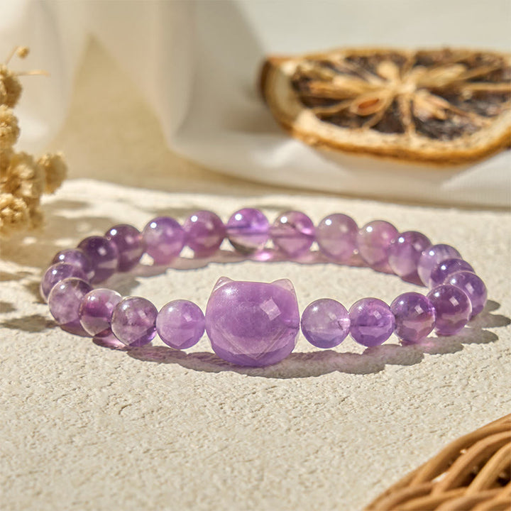 Buddha Stones Cute Cat Face Amethyst Spiritual Awareness Bracelet - Amethyst(Wrist Circumference 15-20cm) - image 1