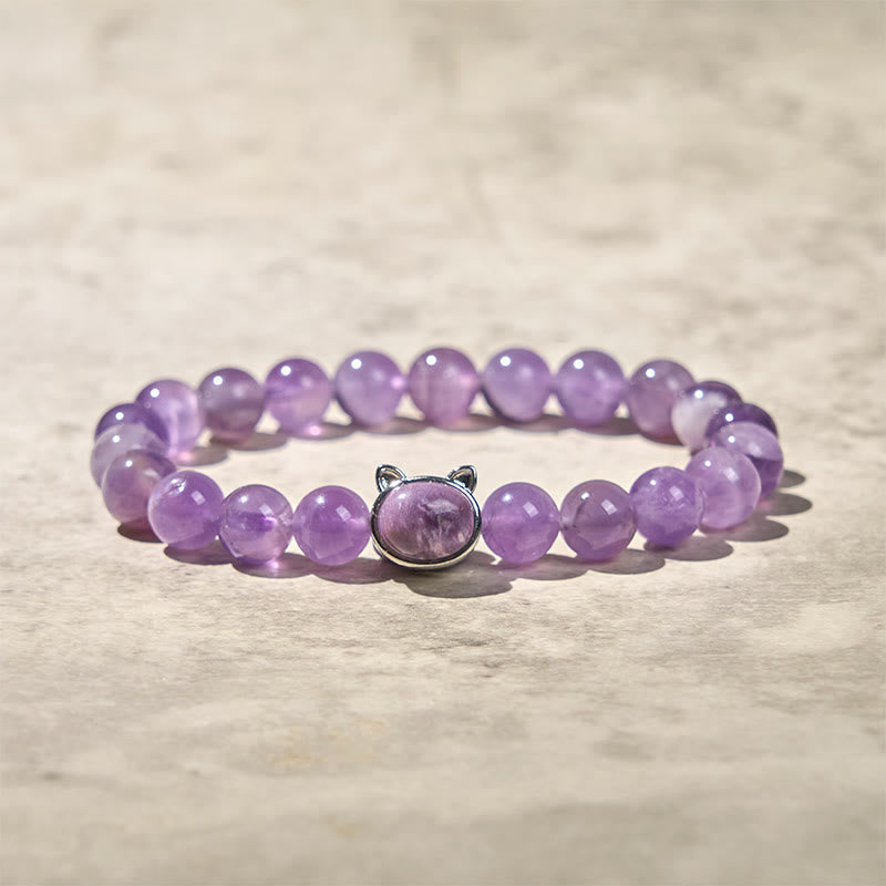 Buddha Stones Cute Cat Face Amethyst Relieves Stress Bracelet - image 5