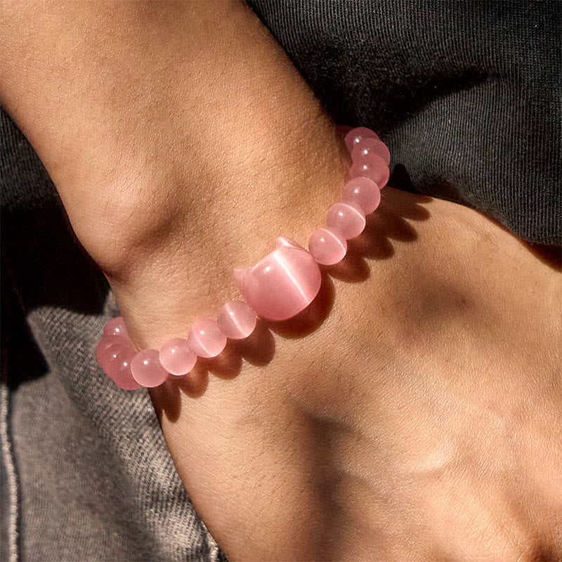 Buddha Stones Lovely Cat Head Pink Cat's Eye White Cat's Eye Spiritual Beads Bracelet - image 7