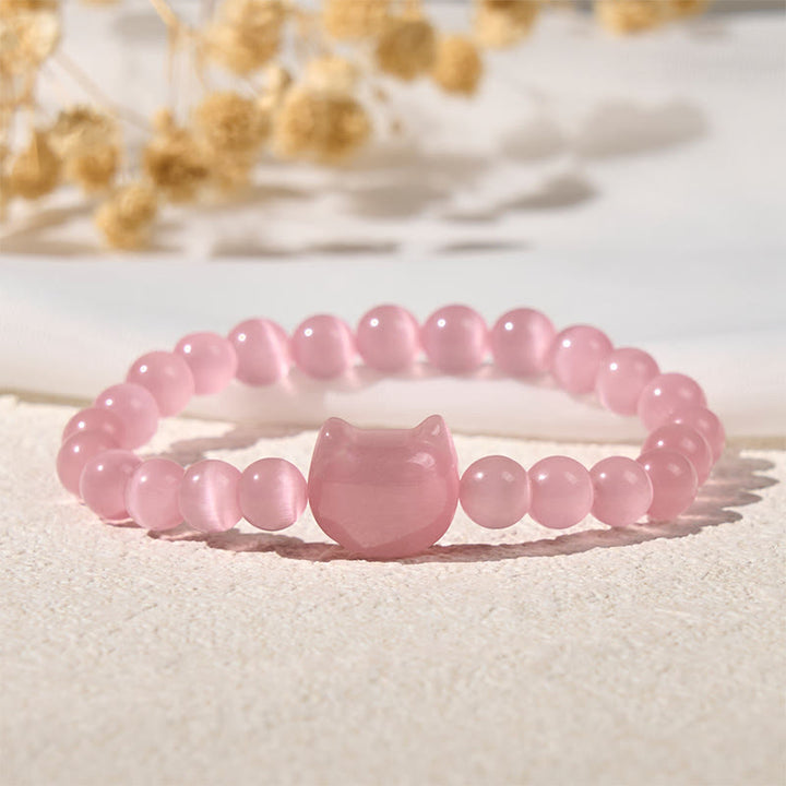 Buddha Stones Lovely Cat Head Pink Cat's Eye White Cat's Eye Spiritual Beads Bracelet - image 3