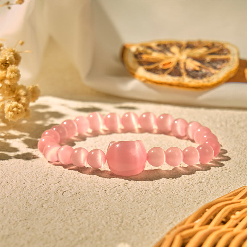 Buddha Stones Lovely Cat Head Pink Cat's Eye White Cat's Eye Spiritual Beads Bracelet - image 4