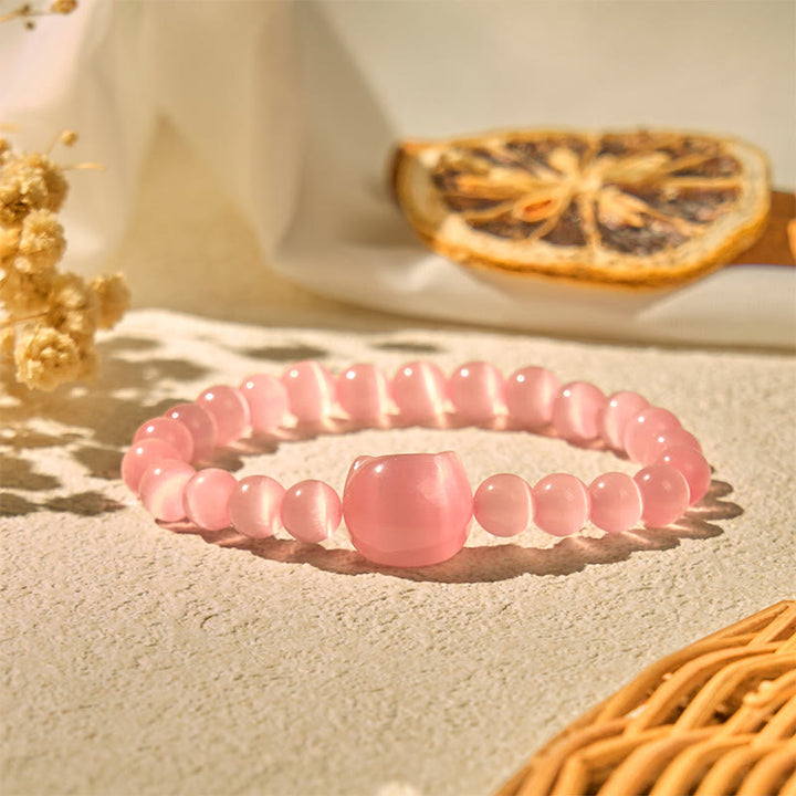 Buddha Stones Lovely Cat Head Pink Cat's Eye White Cat's Eye Spiritual Beads Bracelet - image 4