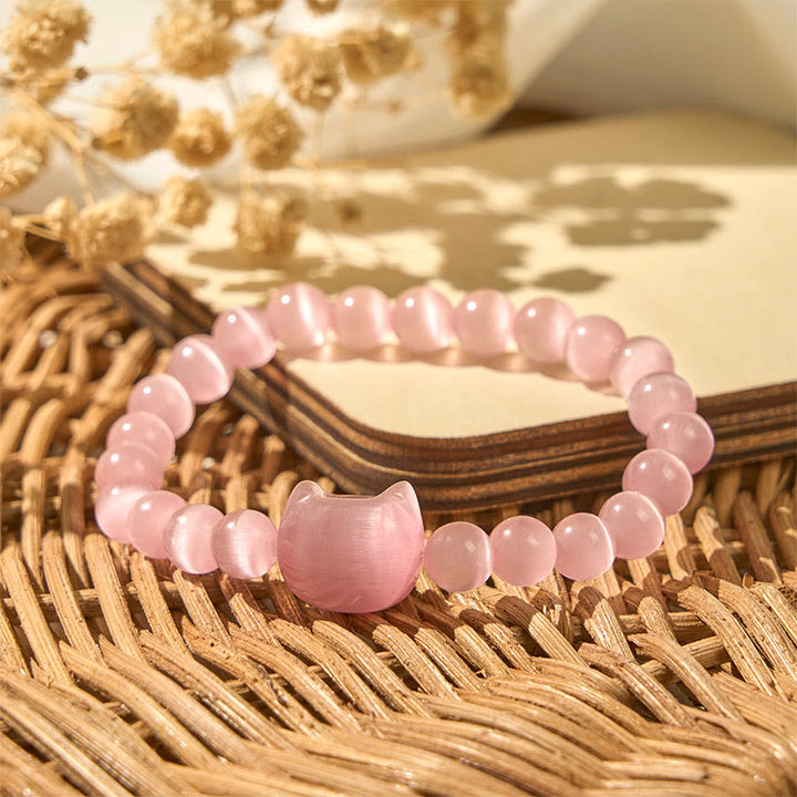 Buddha Stones Lovely Cat Head Pink Cat's Eye White Cat's Eye Spiritual Beads Bracelet - image 5