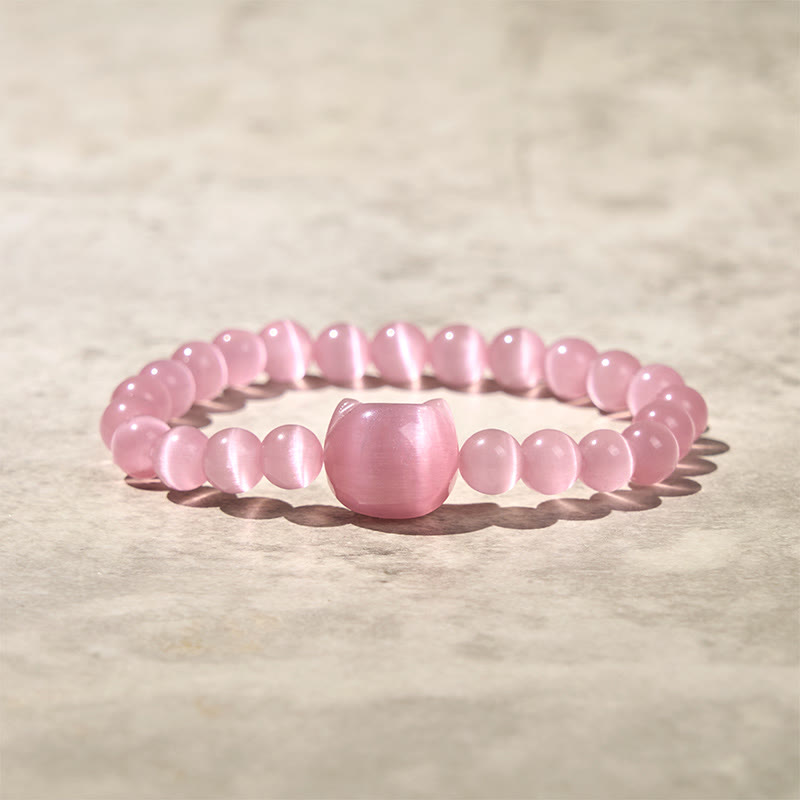 Buddha Stones Lovely Cat Head Pink Cat's Eye White Cat's Eye Spiritual Beads Bracelet - Pink Cat's Eye(Wrist Circumference:15-20cm) - image 1