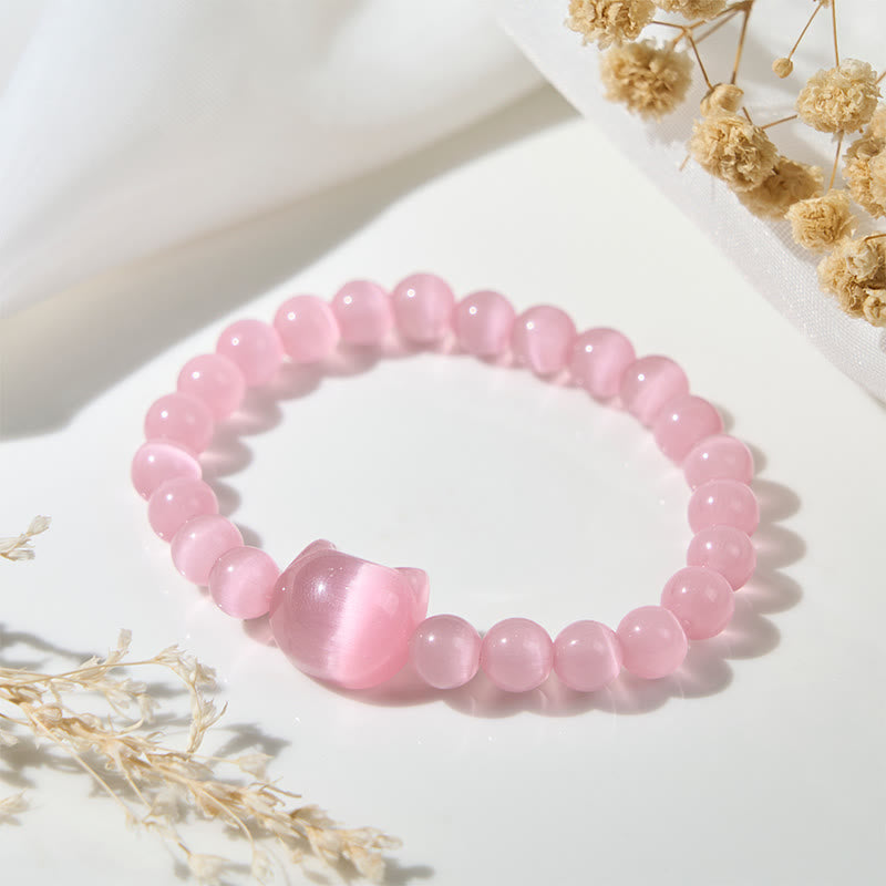 Buddha Stones Lovely Cat Head Pink Cat's Eye White Cat's Eye Spiritual Beads Bracelet - image 2