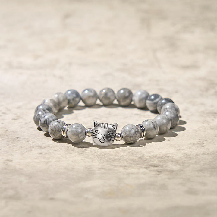 Buddha Stones Cute Cat Natural Grey Jasper Bead Healing Bracelet - image 5