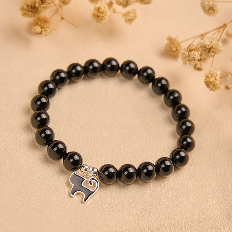 Buddha Stones 925 Sterling Silver Kitten Charm Black Cat Natural Black Onyx Protection Bracelet - image 2